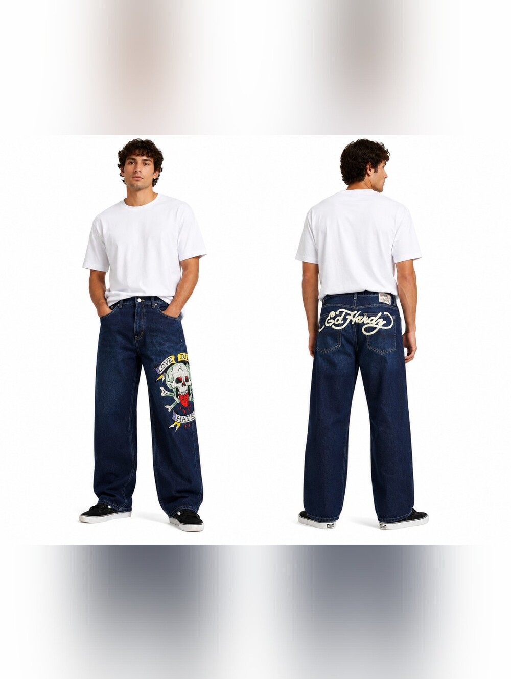 Ed Hardy Navy Relaxed Jeans with Skull Patch and Script
